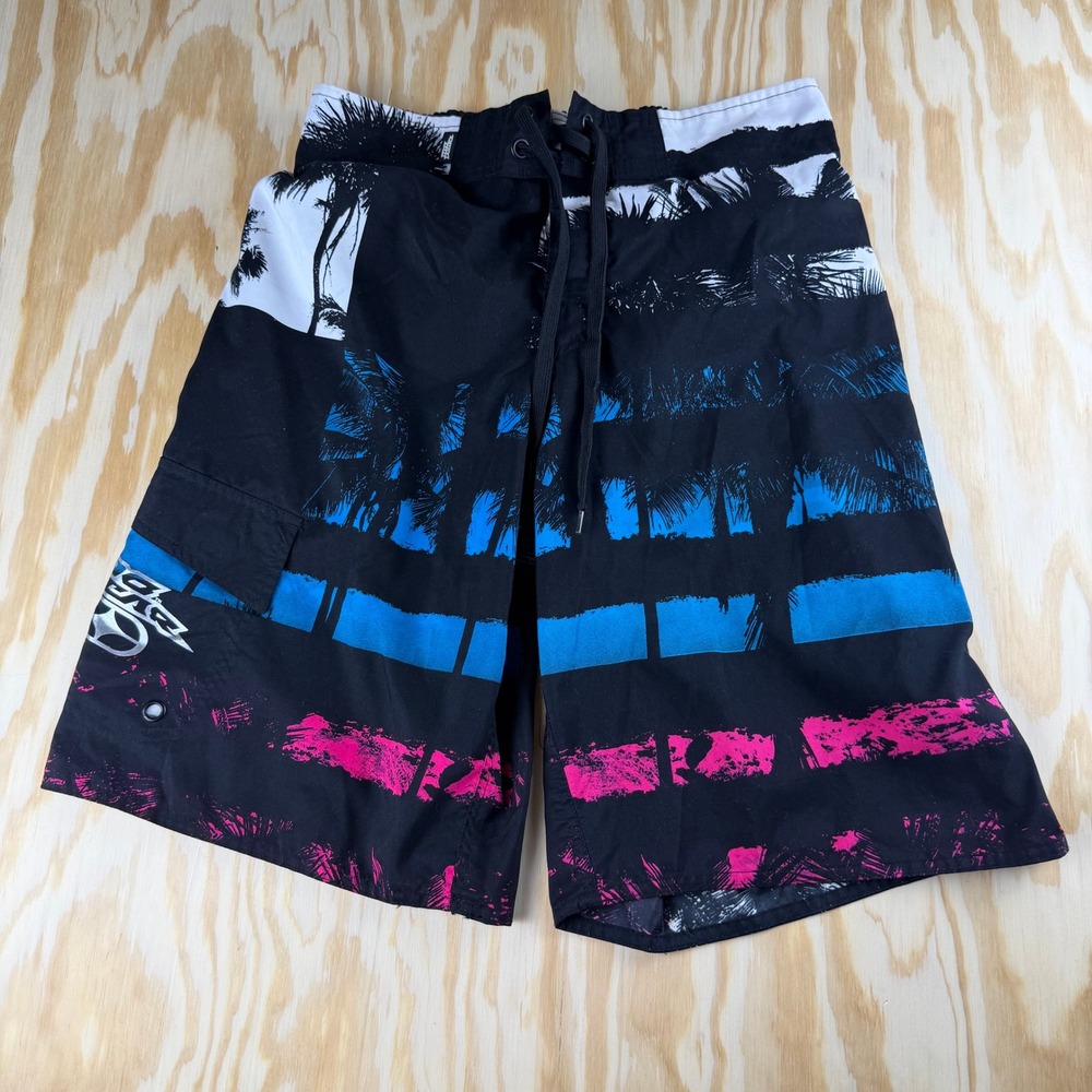 Y2K No Fear Mens Board Shorts Black Neon Palm Tree Tropical Swim‎ Trunks Size M